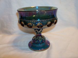   Crown Thumb Print Carnival Glass Blue Pedestal Compote/Candy Dish