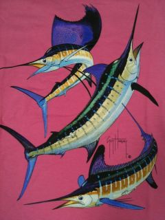 Womens Guy Harvey GRAND SLAM RASPERRY PINK Marlin Fish Trio V Neck T 