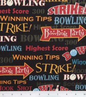 Bowling Words/Slogans ~ Spare ~ Strike ~ Bowling Party ~ Black Fabric 