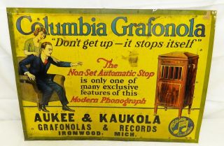 RARE Antique 1920s COLUMBIA GRAFONOLA Phonograph Tin Advertising Sign