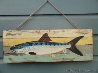 BEAUTIFUL ANTIQUE STYLE DISTRESSED PAINTED WOOD FISH WALL SIGN PLAQUE 