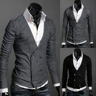 Mens Double Breasted Slim Fit V neck Knitted Sweater Jumpers Tops 