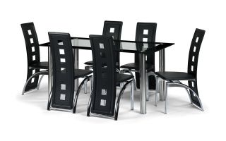 BRESCIA CHROME AND GLASS DINING TABLE WITH 4 OR 6 BLACK FAUX LEATHER 