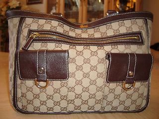 Auth GUCCI ABBEY GG Monogram Brown Canvas D Ring w/leather Pocket Tote 