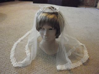 Vintage Short Bridal Headpiece 1st Communion Veil Crown Halo Tulle 