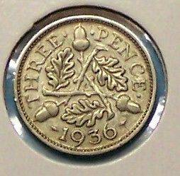 Great Britain , 1936 3 Pence GEORGE V , UK SILVER
