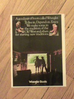1979 WRANGLER BOOT ADVERTISEMENT HORSE STALL AD MAN