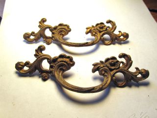 Two cast Antique bronze French ormolu drawer pulls gold dore 19th 