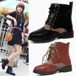 Retro Vintage Short Ankle Boots Lace Up Flat Shoes Women Lady Girl 