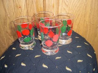 Lot 4 Vintage Red Cherry Drinking Glasses Nice Bright condition