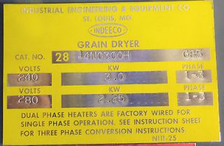 Indeeco Grain Dryer 14N0300H, 240/280 Volts 1 3 Phase