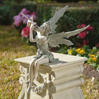 Wistful Pixie Winged Garden Fairy Playing Joyful Flute Statue Home 