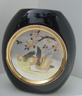 Art of Chokin Black Vase Depicts 2 Waterfowl