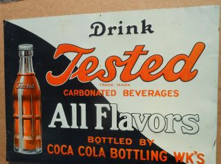 TESTED CARBONATED BEVERAGES original, rare,embossed TIN soda pop sign 