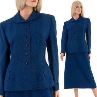 Vtg 40s/50s Dress SKIRT SUIT Wool Swansdown Split Cuff Nipped Jacket 