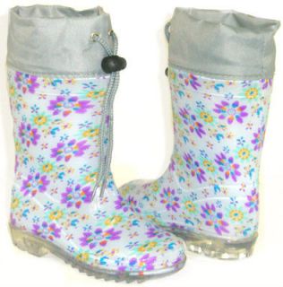 Girls Kids Flat GALOSHES WELLIES RUBBER RAIN Boots GRAY PURPLE FLOWERS 