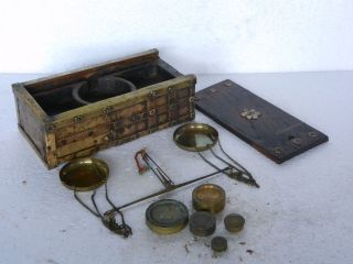 Rare Old Brass & Silver Fitted Wooden Jewellery Weighing Scale Box