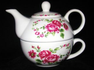   Wild Rose Tea for One Stacking Teapot & Teacup   NEW   