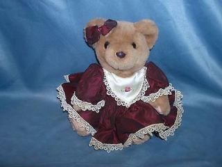 Vintage Brown Cuddley Teddy Bear   Bearly People   Burgandy Dress