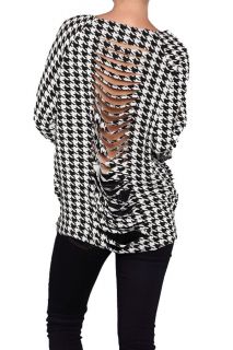 New Womens Trendy Houndstooth Hi Low Mullet Sweater Top Edgy Slashed 