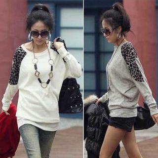 korean womens long sleeve round neck loose top leopard casual