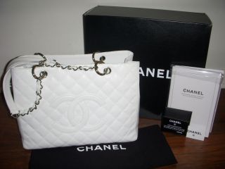 RARE Authentic Vintage CHANEL White Caviar Leather GRAND SHOPPING TOTE 