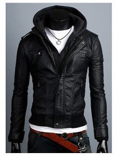 H219 New Mens Slim Fit Faux Leather Jackets Coats With Hoidies 