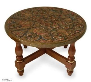   ORCHARD Hand Tooled LEATHER & CEDAR ROUND COFFEE ACCENT TABLE Peru ART
