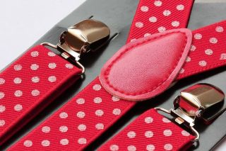 2UD001R Mens Ladies Red Dot Elastic Clip on Plain Adjustable Braces 