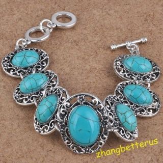   Tibet Silver Turquoise Beads Gemstone Bracelet Bangle charms Jewelry
