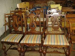 Walnut William Mary Style Dining Chairs Vintage Antique Stylized T 