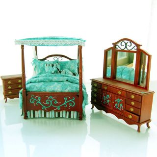 Dollhouse Miniature TEAL & CHOCOLATE BROWN Artisan Custom CANOPY Bed 