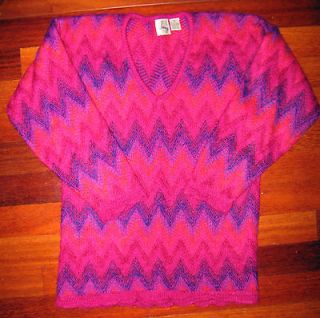CHERRY & WEBB Fuzzy Vibrant Warm Wool Mohair Sweater Pink Purple V 