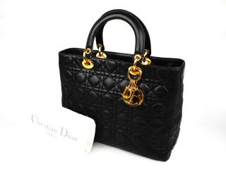 AUTHENTIC CHRISTIAN DIOR Lady Dior CANNAGE BLACK LEATHER HAND BAG 
