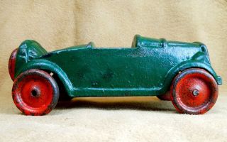 Vintage 1930s Cast Iron Roadster Car Painted Green with Red Wheels 