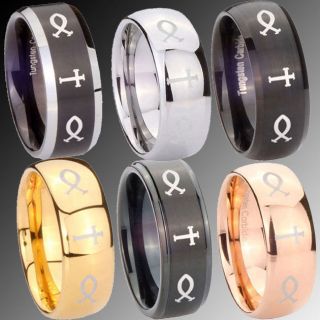 Tungsten Christian Cross and Fish Design Mens Ring SZ N 1/2 to Z 1/2