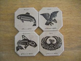 Set 4 Ceramic Coasters,Clarence Wells, Haida, Canada,Whale, Raven 
