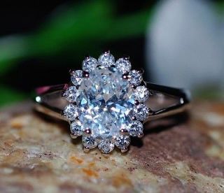 2ct created oval diamond White GP cluster ring size J 5