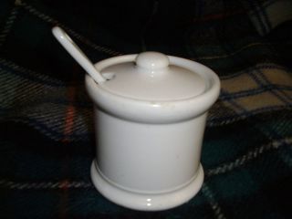   China Vitrified Bedford OH/1951/Condiment Jar with Lid/Spoon White EUC