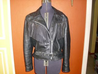 Vintage Route 66 Womens Black Leather Fringed Motorcycle Jacket Size 
