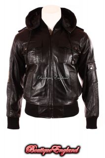 HOODED PILOT Mens Black Short BOMBER Style Retro Real Leather 