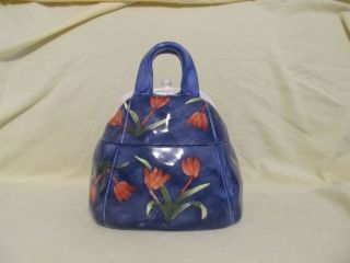 Blue Floral Red Tulips Purse Handbag Cooke Jar