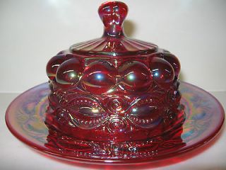 Ruby red carnival Glass eyewinker Pattern domed covered Butter dish 