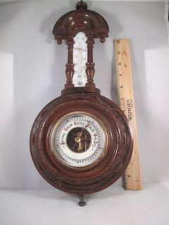 Antique German Wall Barometer Set C1900s Carved Wood & Brass