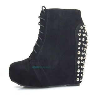 Camilla20 Black Ankle Bootie Hidden Wedge Metal Spike Stud Laced Up 