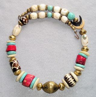   HORN, TURQUOISE, CORAL, BATIK BONE NECKLACE Ethnic Tribal Jewelry