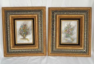 Floral Flowers in Vase Oil Paintings in Crackled Black Gilt Frames 