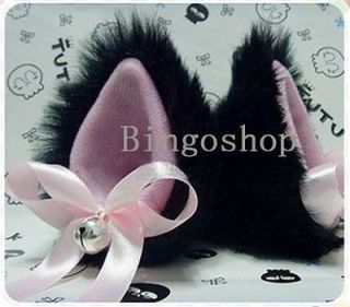NEW 1 Pair Anime Long hair Cosplay Black 10cm Cat Ears with bell Hair 