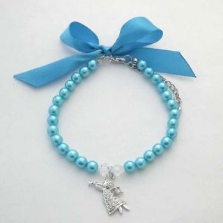 Blue dog pearls necklace with angel pendant,pet collar,with ribbon/10 