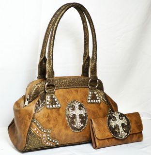 western cowgirl rhinestone cross satchel bag with matching wallet 